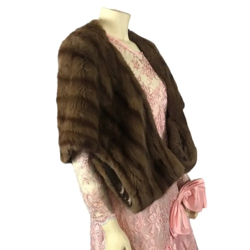 1950s D’Jimas Mink Fur Stole Muff Brown Real Fur Art Deco Evening Wrap